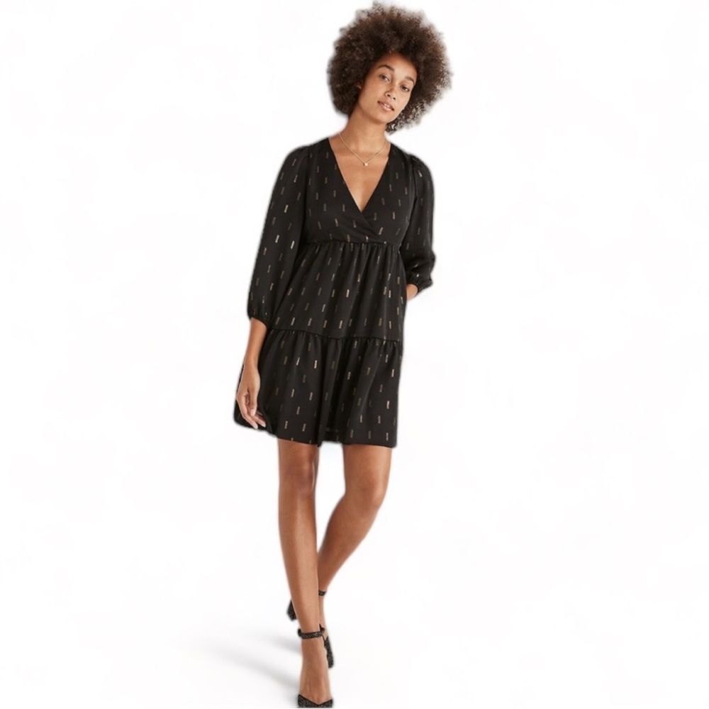 Madewell Metallic Jacquard Faux-Wrap Tiered Mini Dress | Size Small